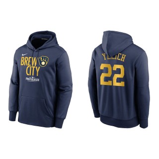 Christian Yelich Milwaukee Brewers Navy 2021 Postseason Authentic Collection Dugout Pullover Hoodie