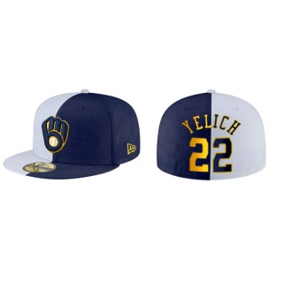Christian Yelich Brewers White Navy Split 59FIFTY Hat