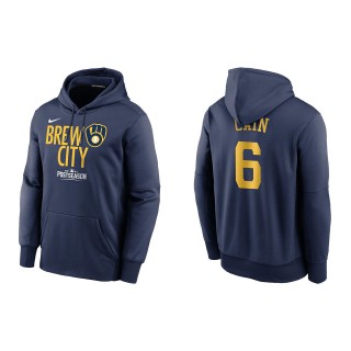 Lorenzo Cain Milwaukee Brewers Navy 2021 Postseason Authentic Collection Dugout Pullover Hoodie