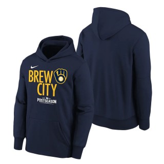 Youth Milwaukee Brewers Navy 2021 Postseason Authentic Collection Dugout Pullover Hoodie
