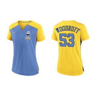 Brandon Woodruff Women's Brewers Powder Blue Gold 2022 City Connect Exceed Boxy V-Neck T-Shirt