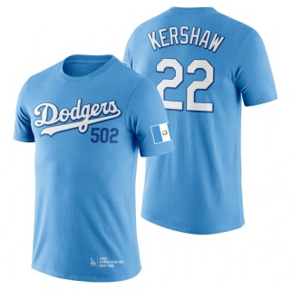 Los Angeles Dodgers Clayton Kershaw Blue 2022 Guatemalan Heritage Night Dodger Stadium T-Shirt