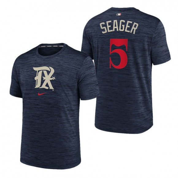 Corey Seager Rangers Navy City Connect Velocity Practice Performance T-Shirt