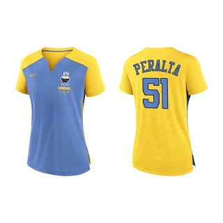 Freddy Peralta Women's Brewers Powder Blue Gold 2022 City Connect Exceed Boxy V-Neck T-Shirt