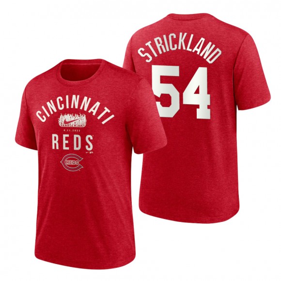 Men's Cincinnati Reds Hunter Strickland Red 2022 Field of Dreams Lockup Tri-Blend T-Shirt