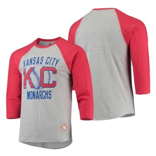 Men's Kansas City Monarchs Stitches Heathered Gray Red Negro League Wordmark Raglan 3-4-Sleeve T-Shirt