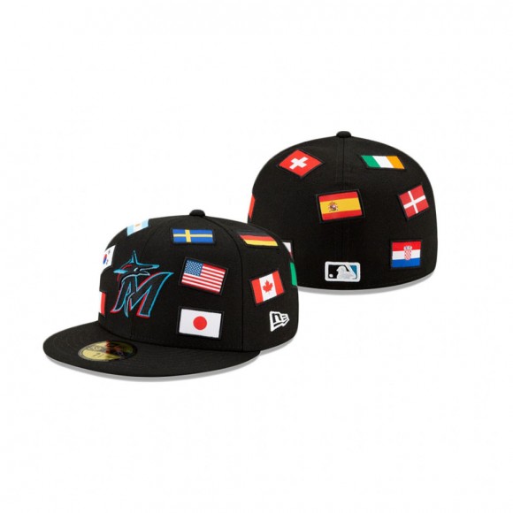 Marlins All Over Flag 59FIFTY Fitted Black Hat