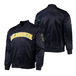 Men's Milwaukee Brewers Navy Wordmark Satin Full-Snap Jacket