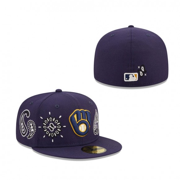Men's Milwaukee Brewers Navy Paisley Elements 59FIFTY Fitted Hat