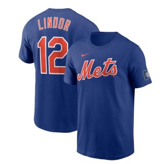 New York Mets Francisco Lindor Royal 2024 MLB World Tour London Series Name & Number T-Shirt