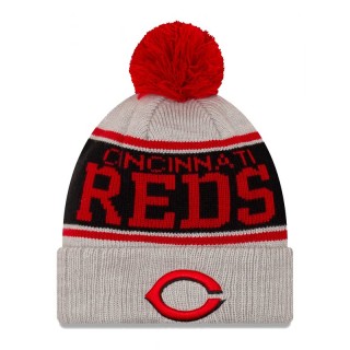 Cincinnati Reds Gray Stripe Cuffed Knit Hat with Pom