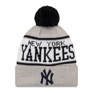 New York Yankees Gray Stripe Cuffed Knit Hat with Pom